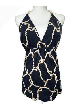 J. Crew Womens Black Beige Halter Top With Rope Straps Chain Print Beach Travel